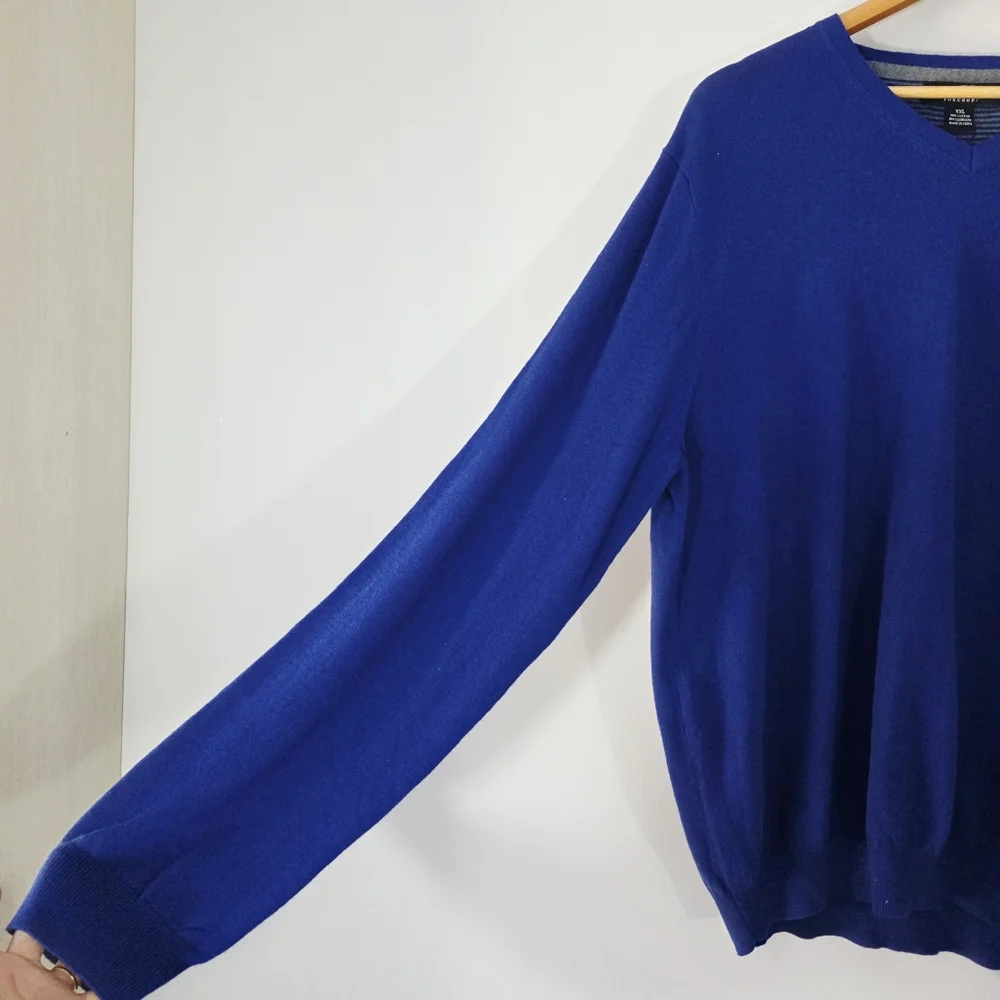 Foxcroft V-Neck Long Sleeve Cashmere Blend Blue Knit Stretch Sweater Sz XXL‎ NWT